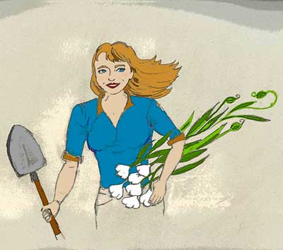 Woman garlic farmer holds garlic and shovel by Susan Fluegel at Grey Duck Garlic